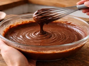 Chocolate fudge cake batter with smooth pourable consistency 