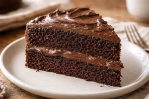 Homemade moist chocolate fudge cake with fudgy texture 