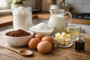 Ingredients for moist chocolate fudge cake laid out on a kitchen counter 